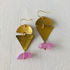 Handcrafted hammered brass and Quartz Earrings